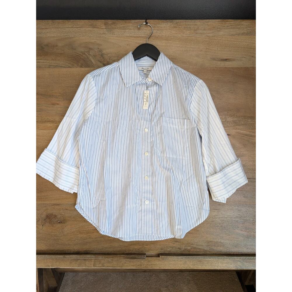 Madewell Shirt Women XS White Blue Striped Easy Y-Neck Collar NS334 NWT